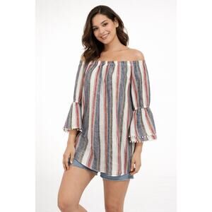 Sara Campbell Off The Shoulder 100% Linen Striped Tiered Bell Sleeve Top Women S